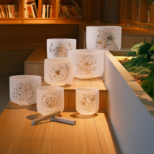 TOPFUND Golden Floral Series Set of 7 Crystal Singing Bowls - TOPFUND Crystal Singing Bowl