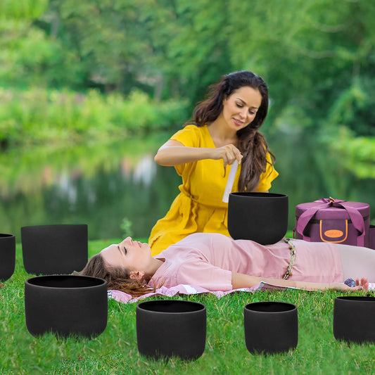 TOPFUND 440Hz Chakra Set of 7 Black Crystal Singing Bowls 6-14 inch - TOPFUND Crystal Singing Bowl