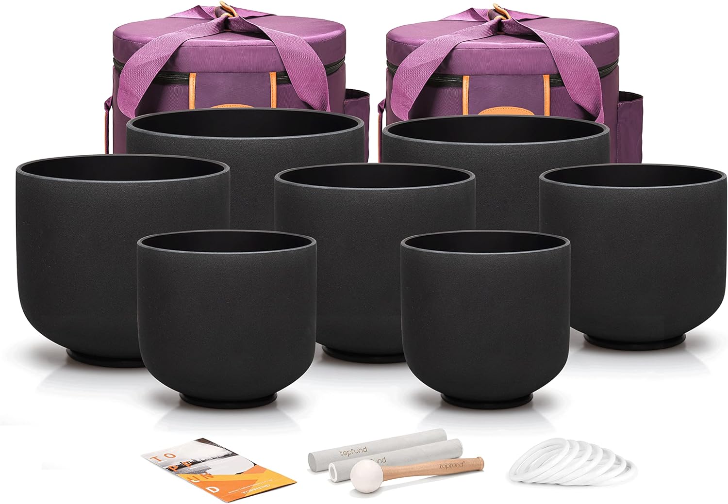 TOPFUND 440Hz 6-10 inch Set of 7 Black Crystal Singing Bowls - TOPFUND Crystal Singing Bowl