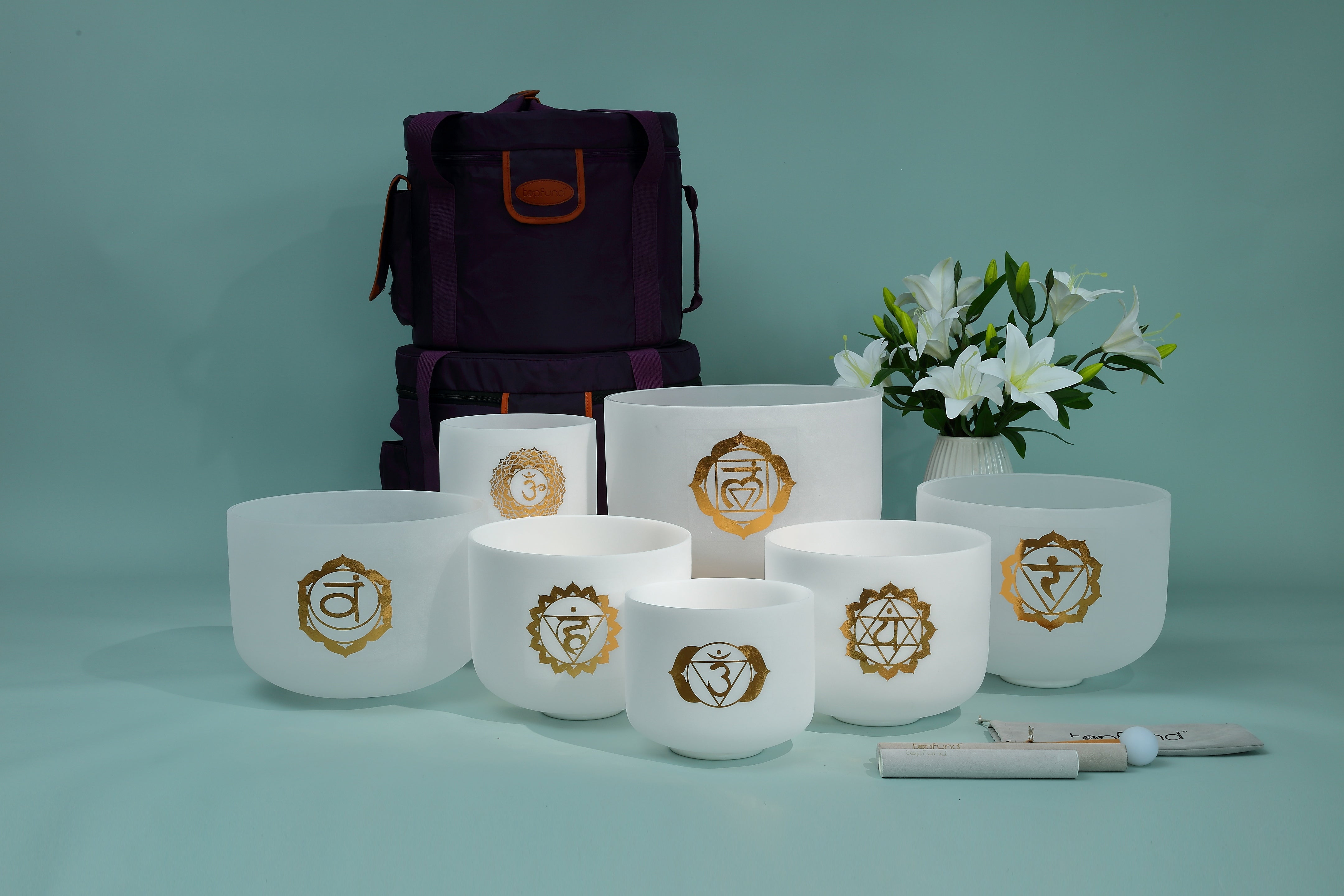 TOPFUND 432Hz Gold Patterns Chakra Set of 7 Crystal Singing Bowls 6-12 inch - TOPFUND Crystal Singing Bowl