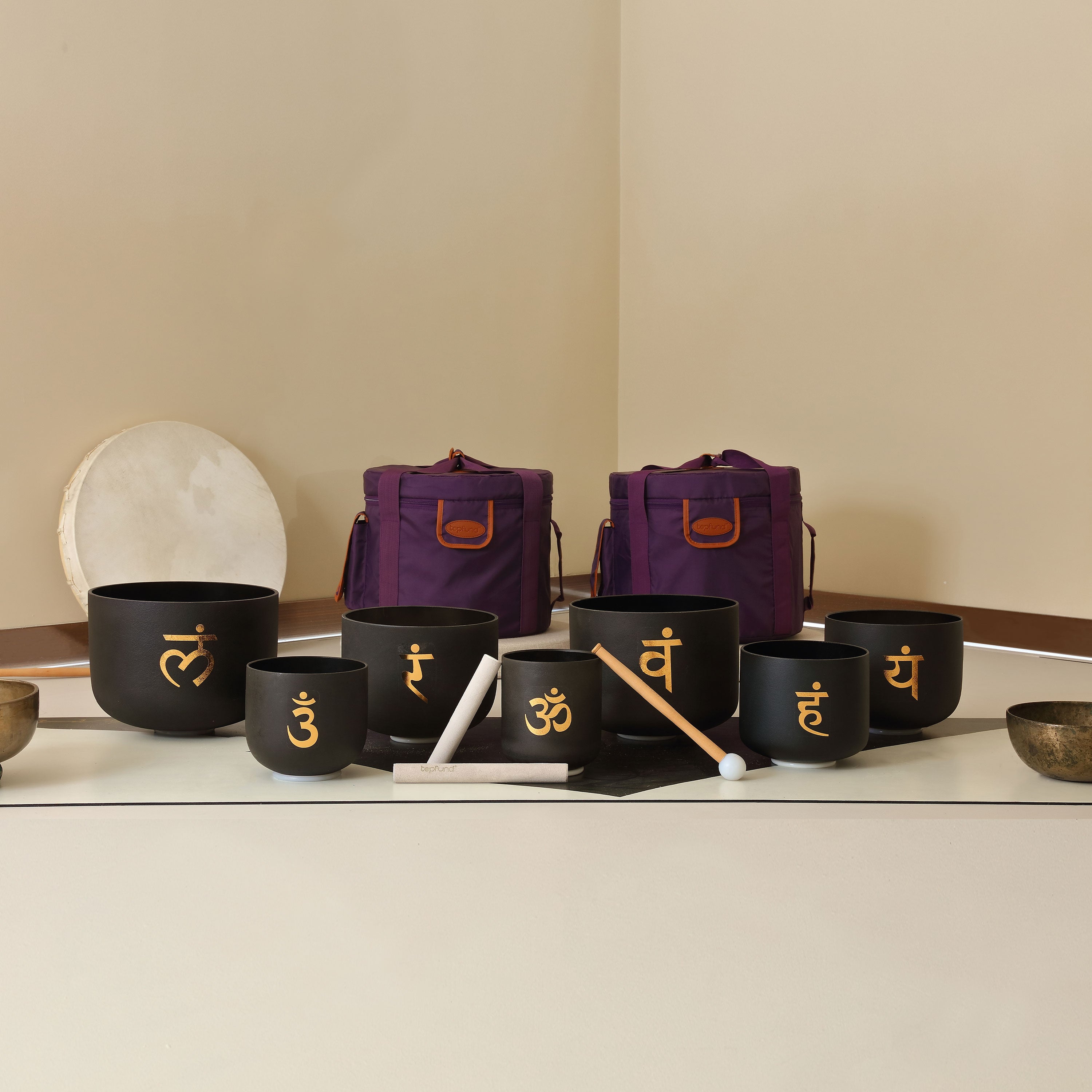 TOPFUND 440Hz Golden Chakra Patterns Set of 7 Black Crystal Singing Bowls 7-12 inch - TOPFUND Crystal Singing Bowl