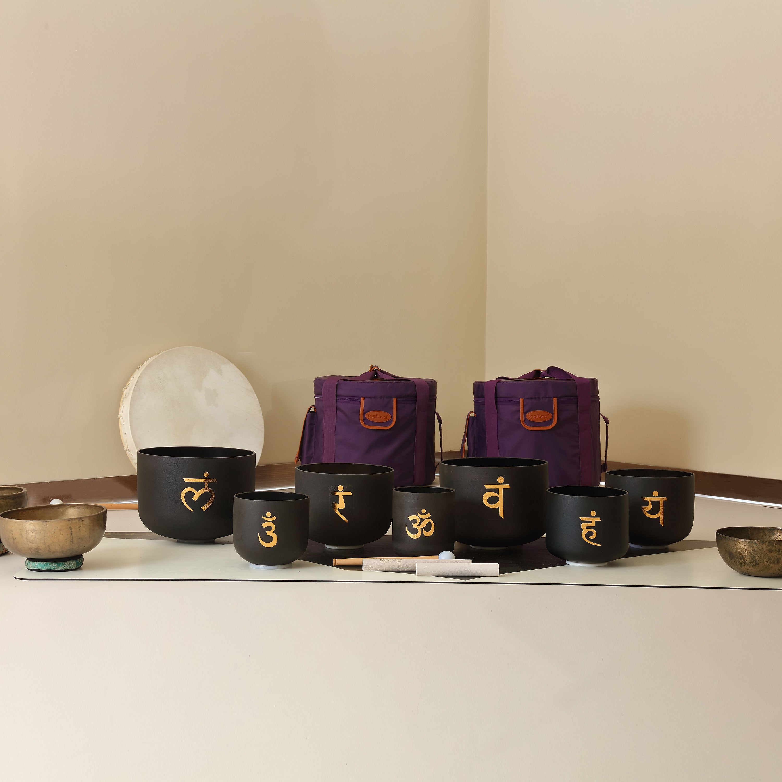 TOPFUND 440Hz Golden Chakra Patterns Set of 7 Black Crystal Singing Bowls 7-12 inch - TOPFUND Crystal Singing Bowl