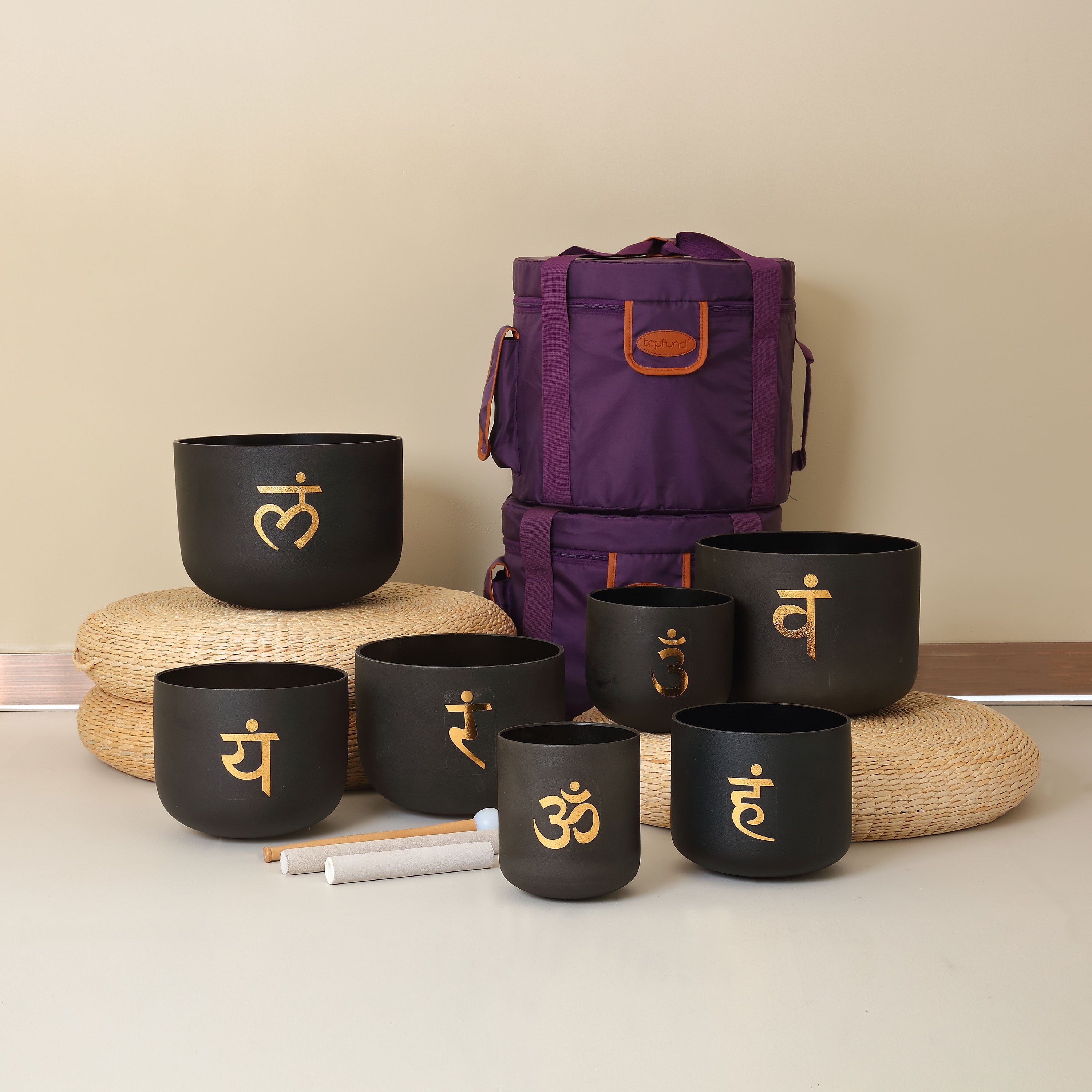 TOPFUND 440Hz Golden Chakra Patterns Set of 7 Black Crystal Singing Bowls 7-12 inch - TOPFUND Crystal Singing Bowl