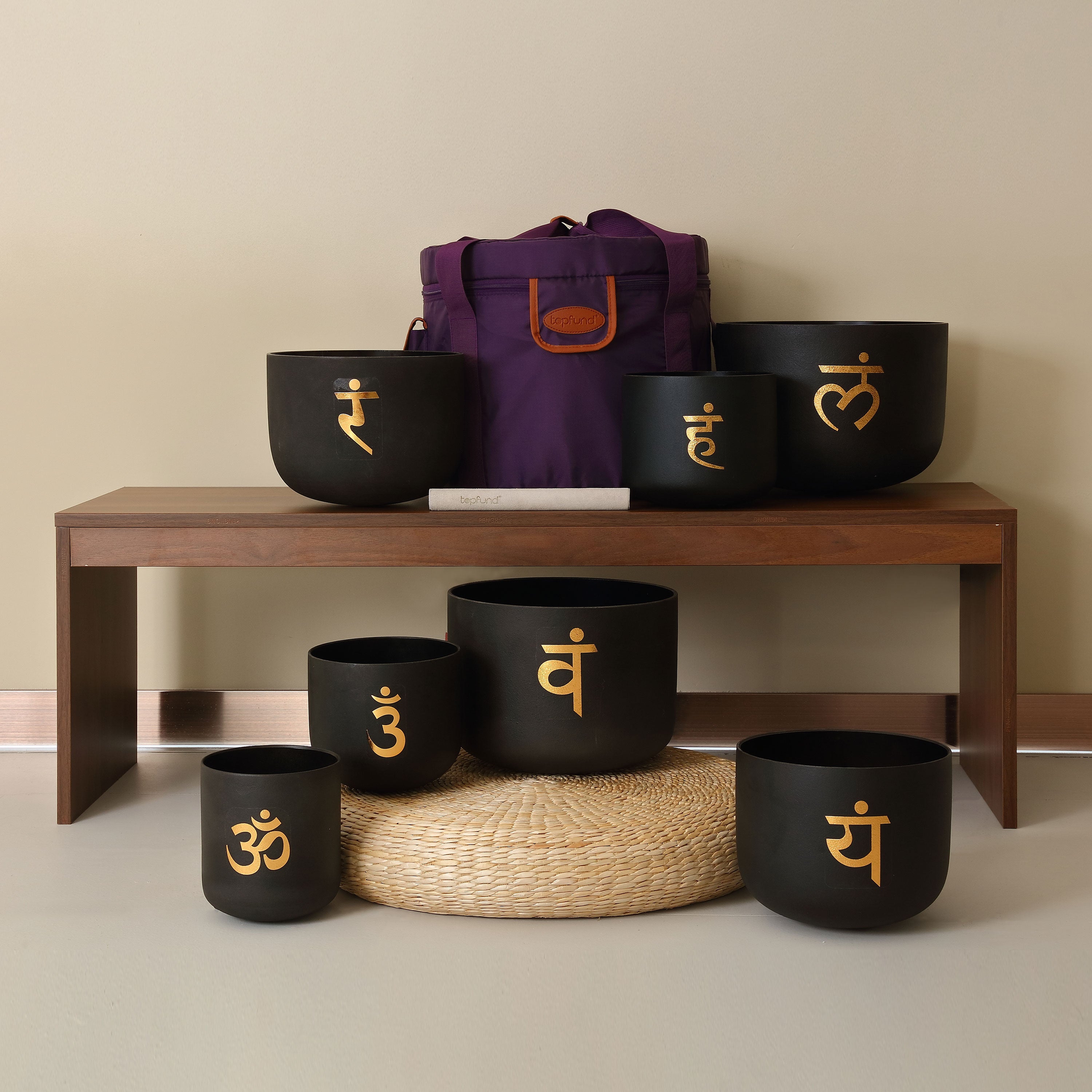 TOPFUND 440Hz Golden Chakra Patterns Set of 7 Black Crystal Singing Bowls 8-14 inch - TOPFUND Crystal Singing Bowl