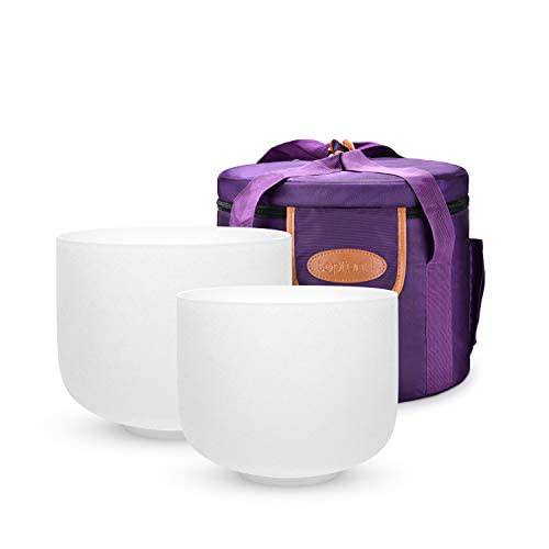 TOPFUND 432 Hz Crystal Singing Bowl Chakra Set of 2 PCS 8-10 Inch with Heavy Duty Carrying Case and Singing Bowl Rubber Mallet and Suede Striker (8