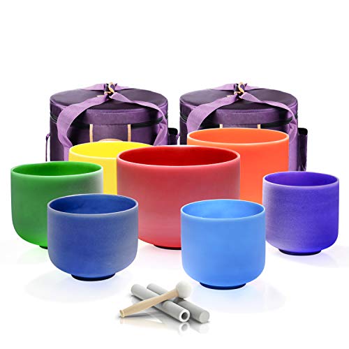 TOPFUND 432 Hz Chakra Set of 7 Color Crystal Singing Bowls 6-12 inch with Heavy Duty Carrying Cases and Singing Bowl Mallet Suede Striker - TOPFUND Crystal Singing Bowl