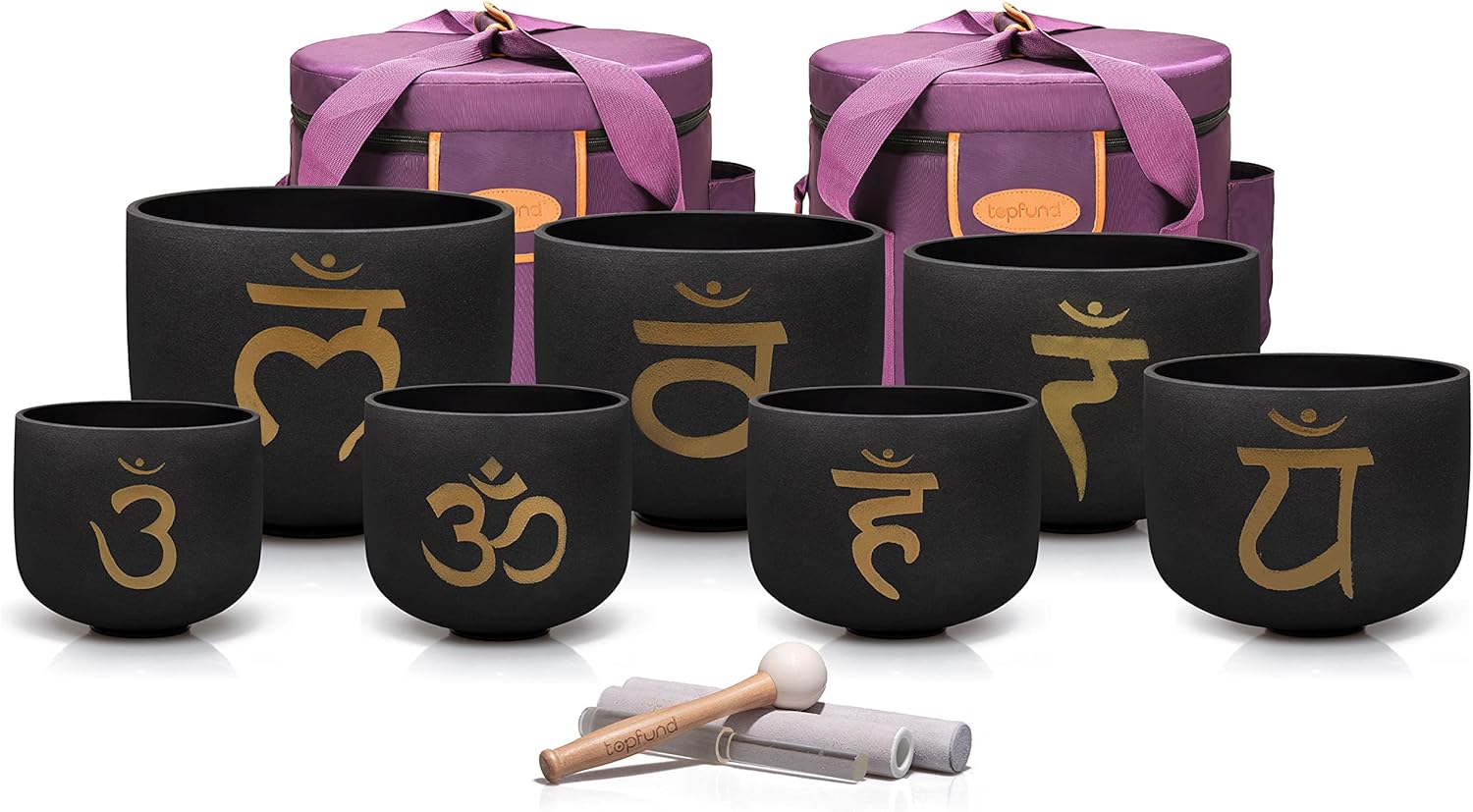 Golden Chakra Set of 7 Black Crystal Singing Bowls 6-12 inch with Heavy Duty Carrying Cases and Mallets - TOPFUND Crystal Singing Bowl