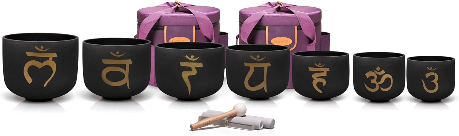 Golden Chakra Set of 7 Black Crystal Singing Bowls 6-12 inch with Heavy Duty Carrying Cases and Mallets - TOPFUND Crystal Singing Bowl