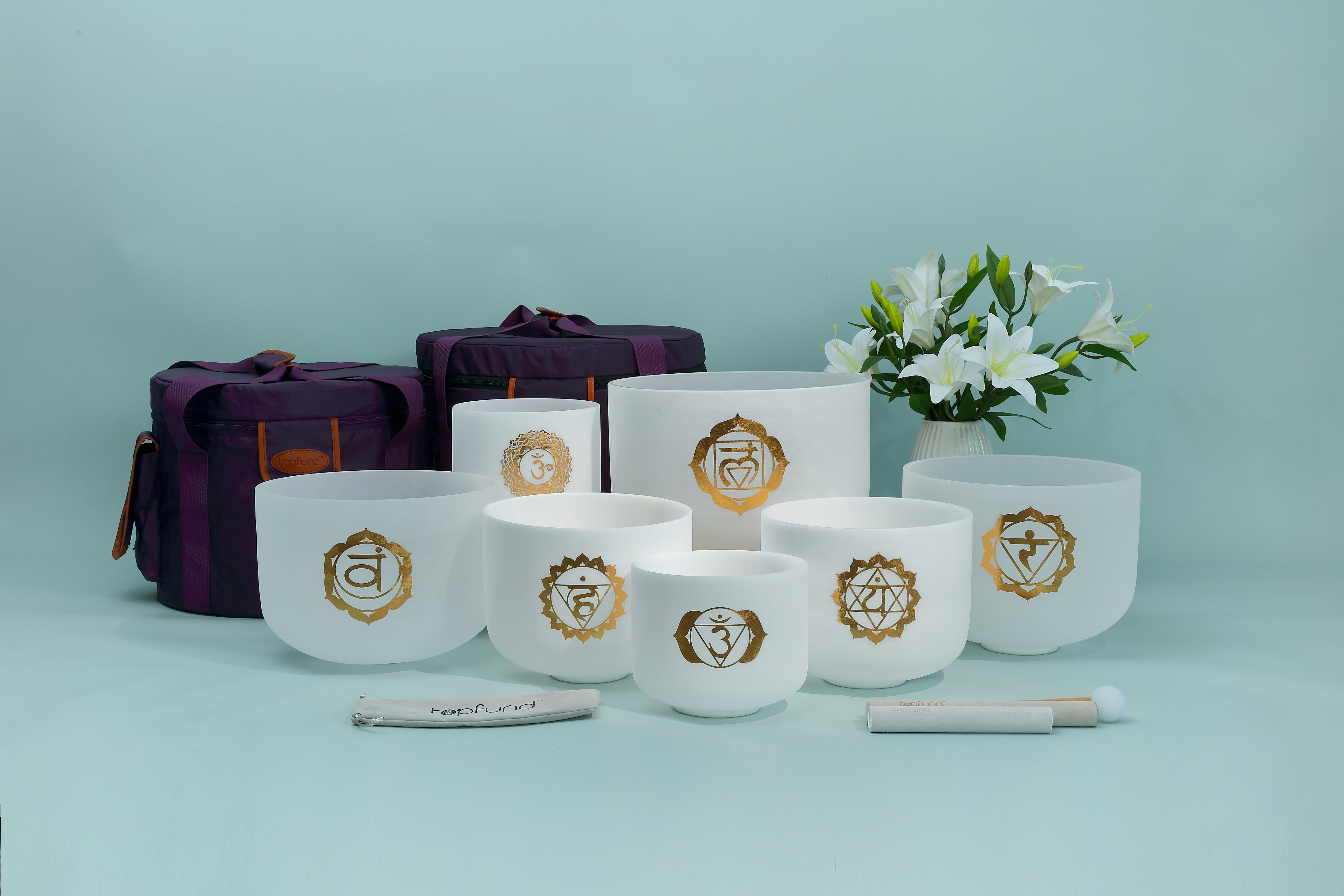 TOPFUND 432Hz Gold Patterns Chakra Set of 7 Crystal Singing Bowls 6-12 inch - TOPFUND Crystal Singing Bowl