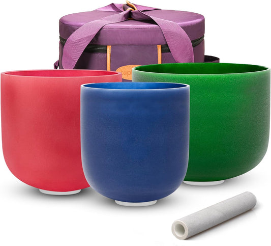 (8"F+7"C+6"A) Set of 3 Color Crystal Singing Bowls with Heavy Duty Carrying Case and Mallets - TOPFUND Crystal Singing Bowl