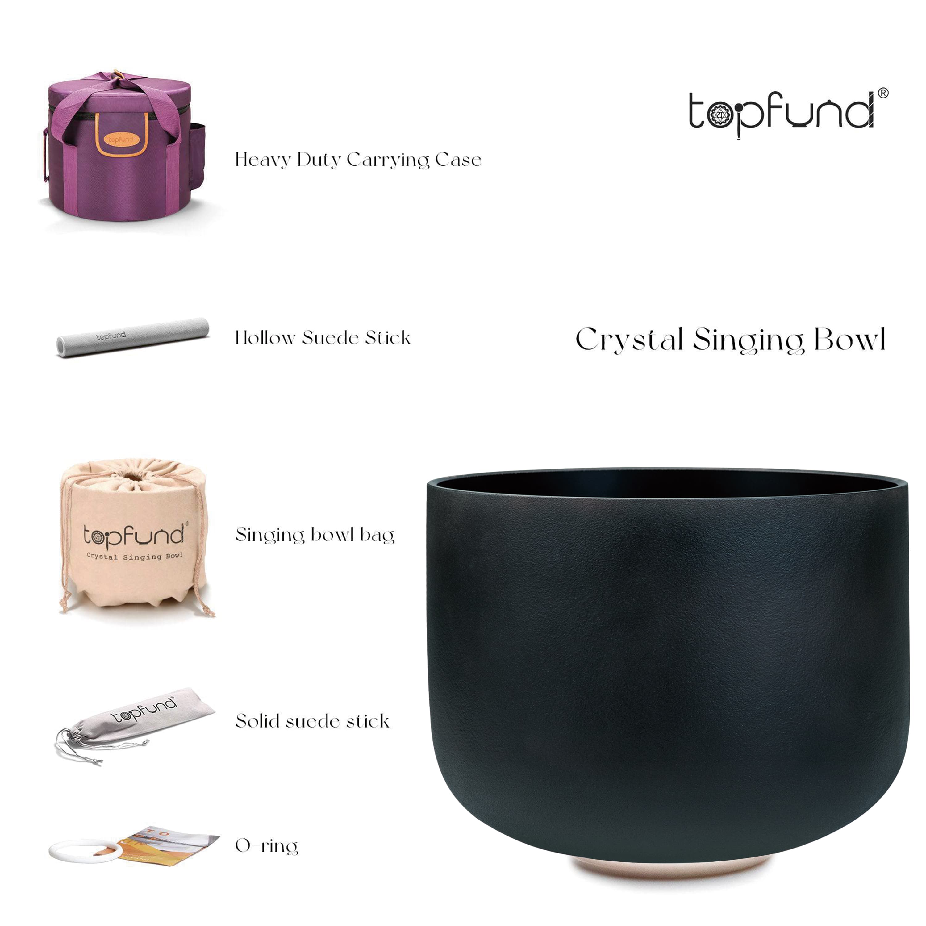 TOPFUND 432Hz Black B Note Crystal Singing Bowl Crown Chakra 12 inch with Artificial Leather Carrying Case and Singing Bowl Mallet Suede Striker - TOPFUND Crystal Singing Bowl