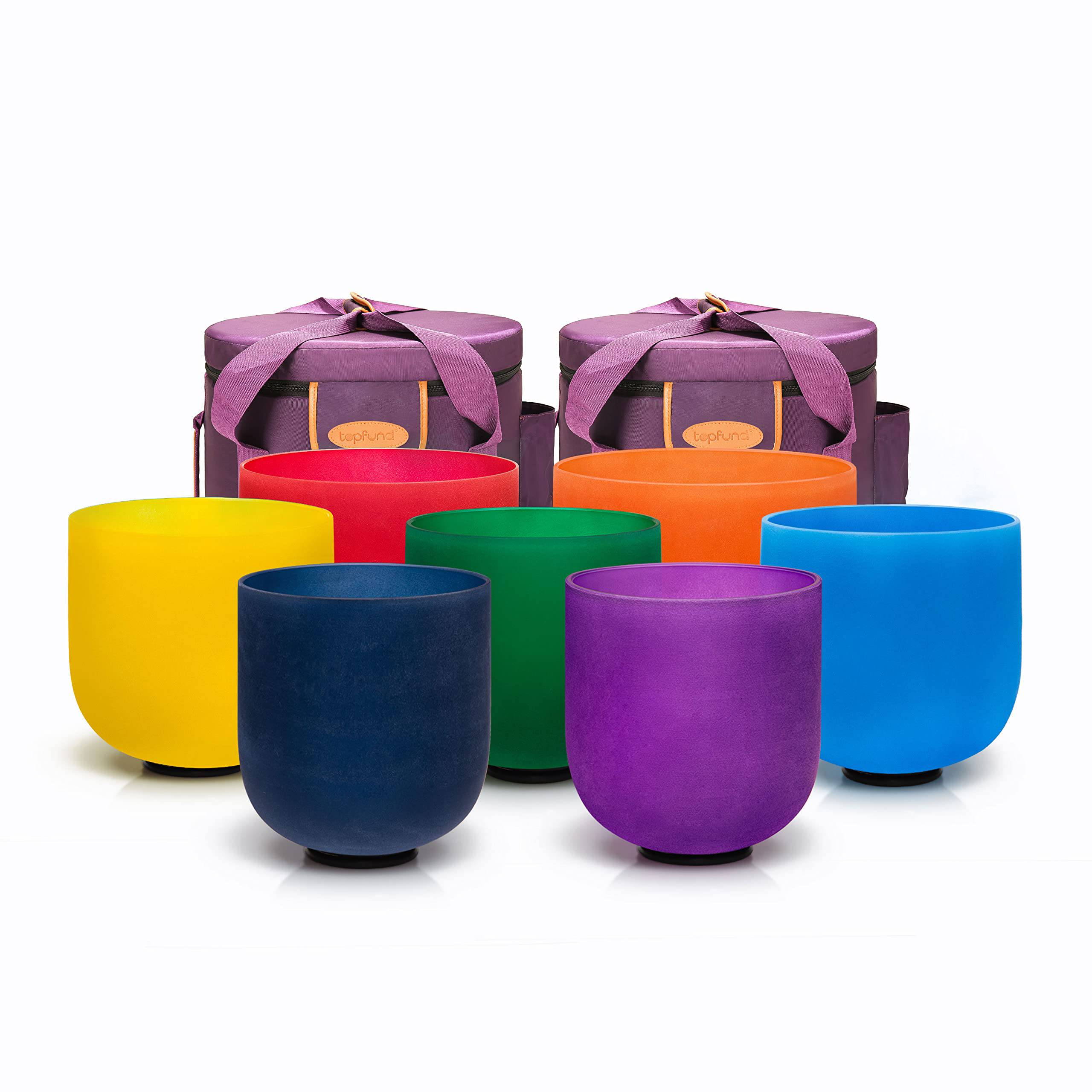 TOPFUND 440 Hz Perfect Pitch Chakra Set of 7 Color Crystal Singing Bowls 7-12 inch with Heavy Duty Carrying Cases and Singing Bowl Mallets - TOPFUND Crystal Singing Bowl