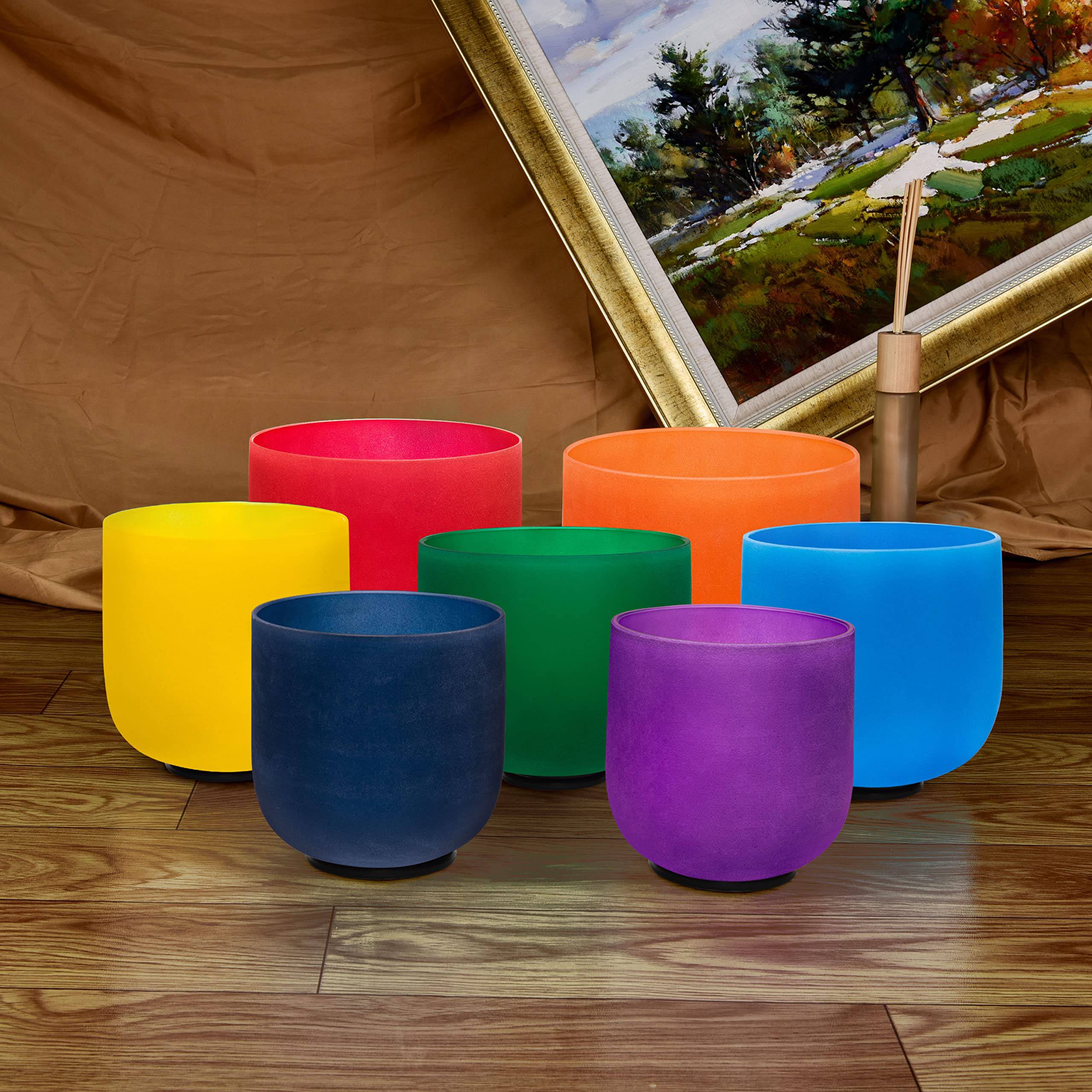 TOPFUND 440 Hz Perfect Pitch Chakra Set of 7 Color Crystal Singing Bowls 7-12 inch with Heavy Duty Carrying Cases and Singing Bowl Mallets - TOPFUND Crystal Singing Bowl