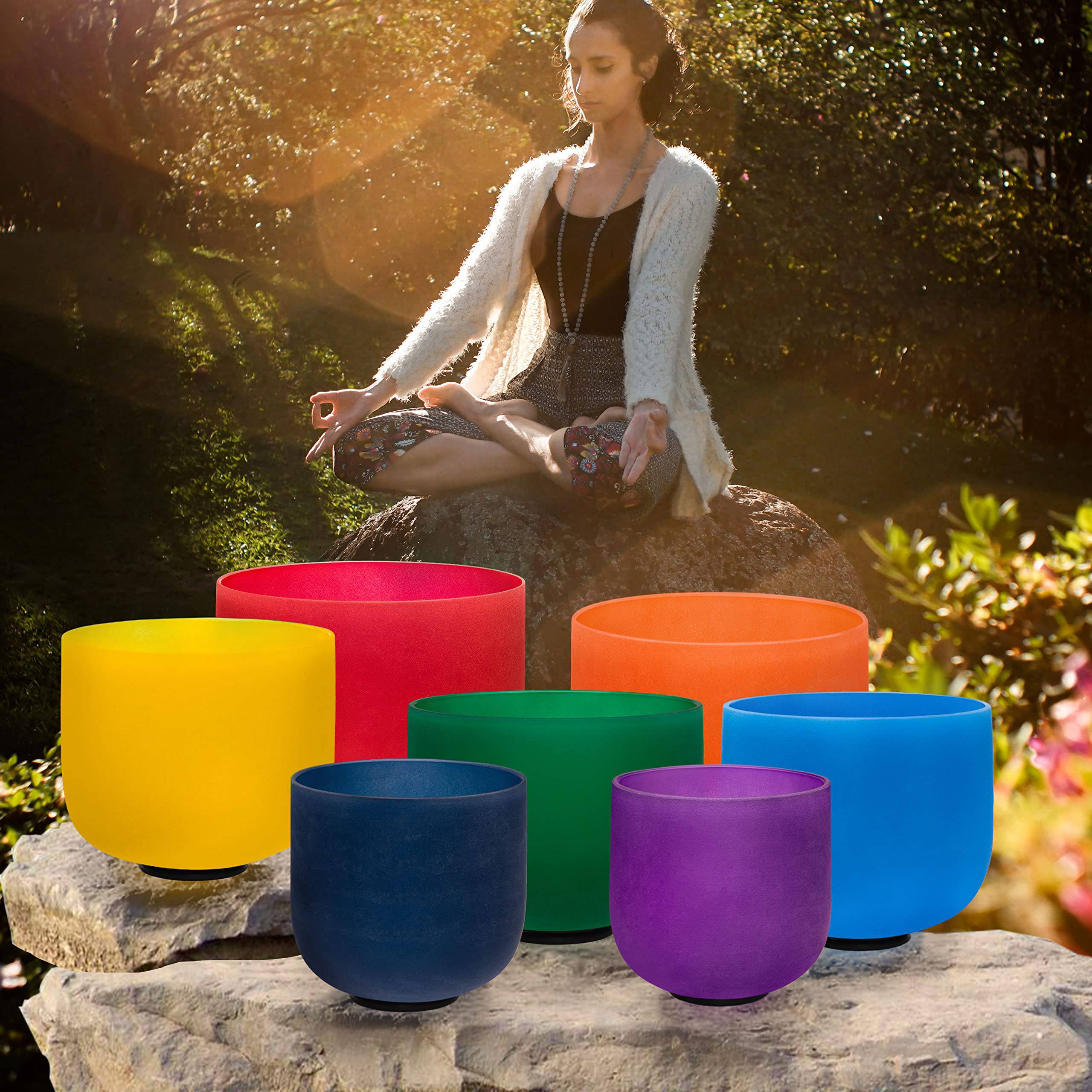 TOPFUND Chakra Set of 7 Color Crystal Singing Bowls 8-10 inch with Heavy Duty Carrying Cases and Singing Bowl Mallets - TOPFUND Crystal Singing Bowl