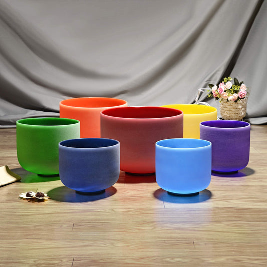 TOPFUND 432Hz Chakra Tuned Set of 7 Color Crystal Singing Bowls 8-14 inch with Heavy Duty Sound Bowls Carrying Cases - TOPFUND Crystal Singing Bowl