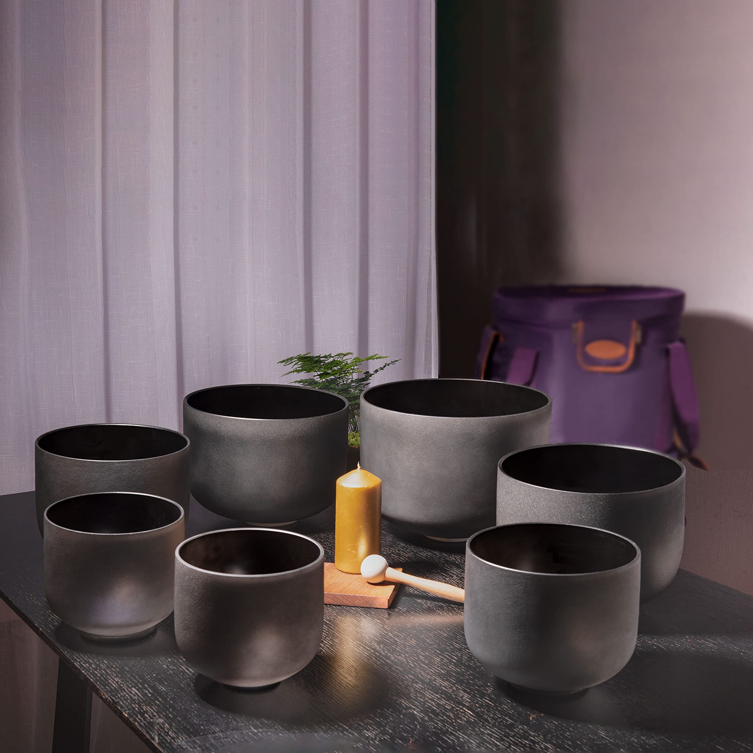 TOPFUND 6-14 inch Chakra Set of 7 Black Crystal Singing Bowls - TOPFUND Crystal Singing Bowl
