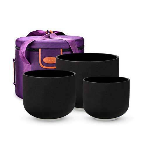 TOPFUND Chakra Set of 3 Black Crystal Singing Bowls 7-11 inch (7"A,9"F,11"D) - TOPFUND Crystal Singing Bowl