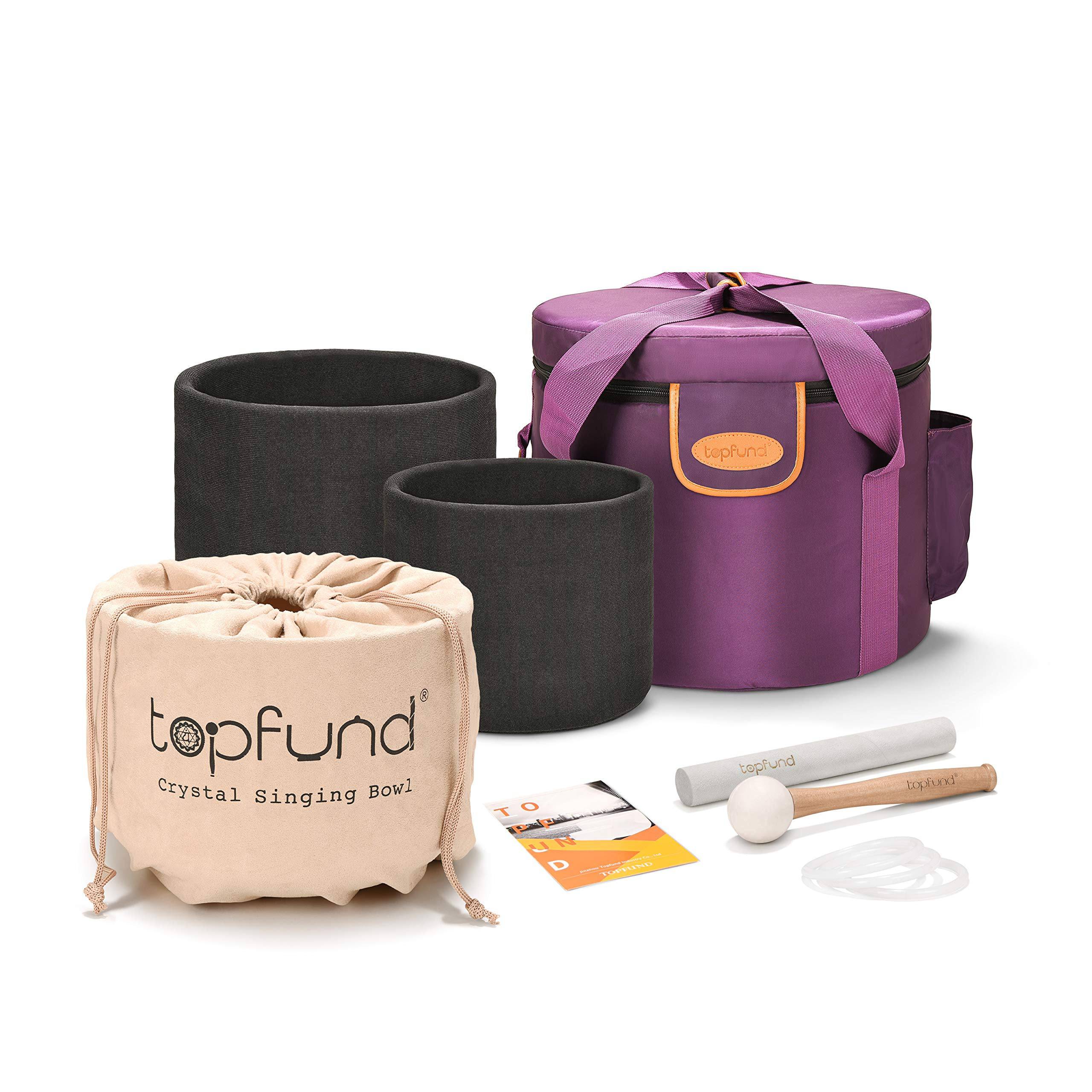 TOPFUND Chakra Set of 3 Black Crystal Singing Bowls 7-11 inch (7"A,9"F,11"D) - TOPFUND Crystal Singing Bowl