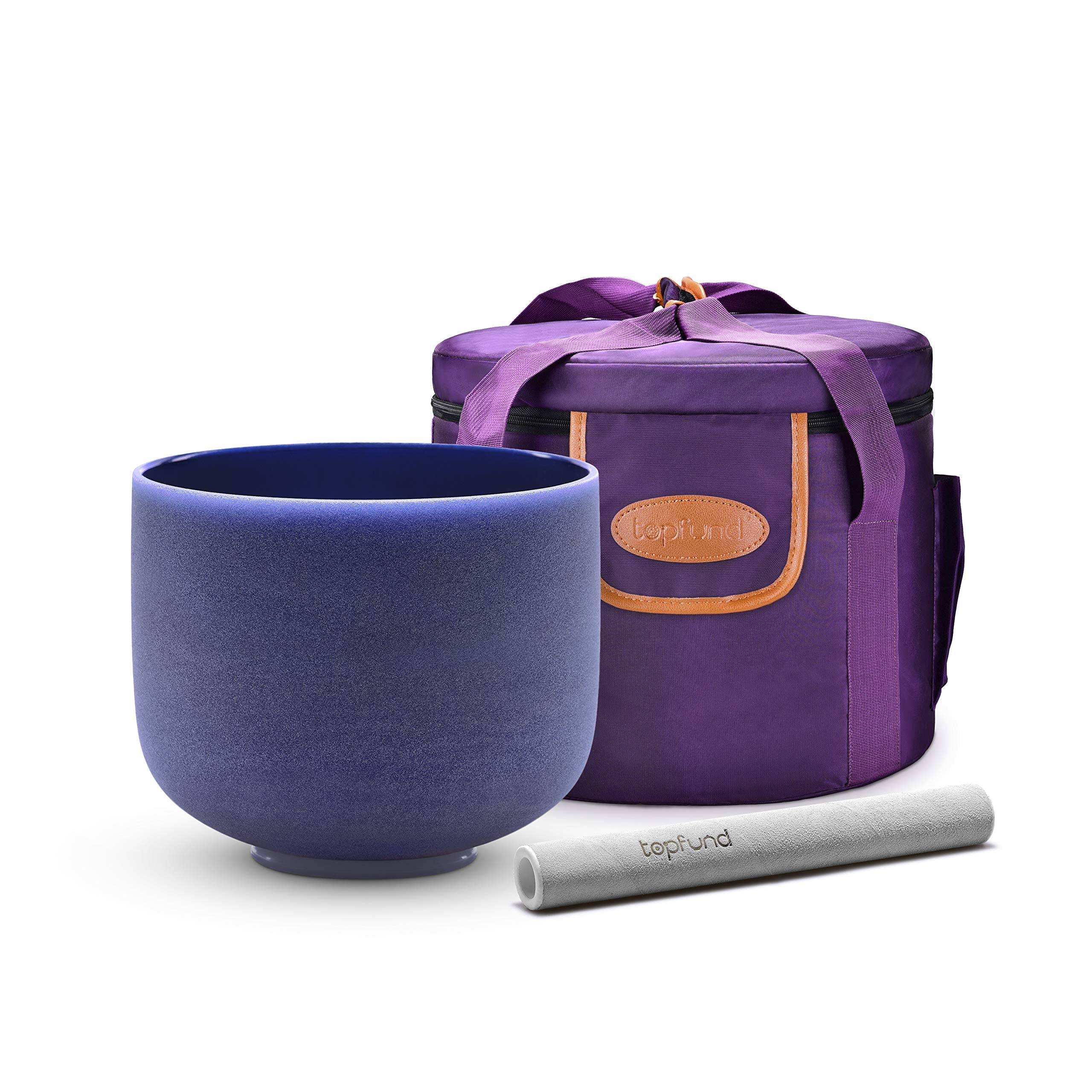 TOPFUND 440 Hz Perfect Pitch Indigo A Note Crystal Singing Bowl Third Eye Chakra 8 inch with Heavy Duty Carrying Case and Suede Striker - TOPFUND Crystal Singing Bowl