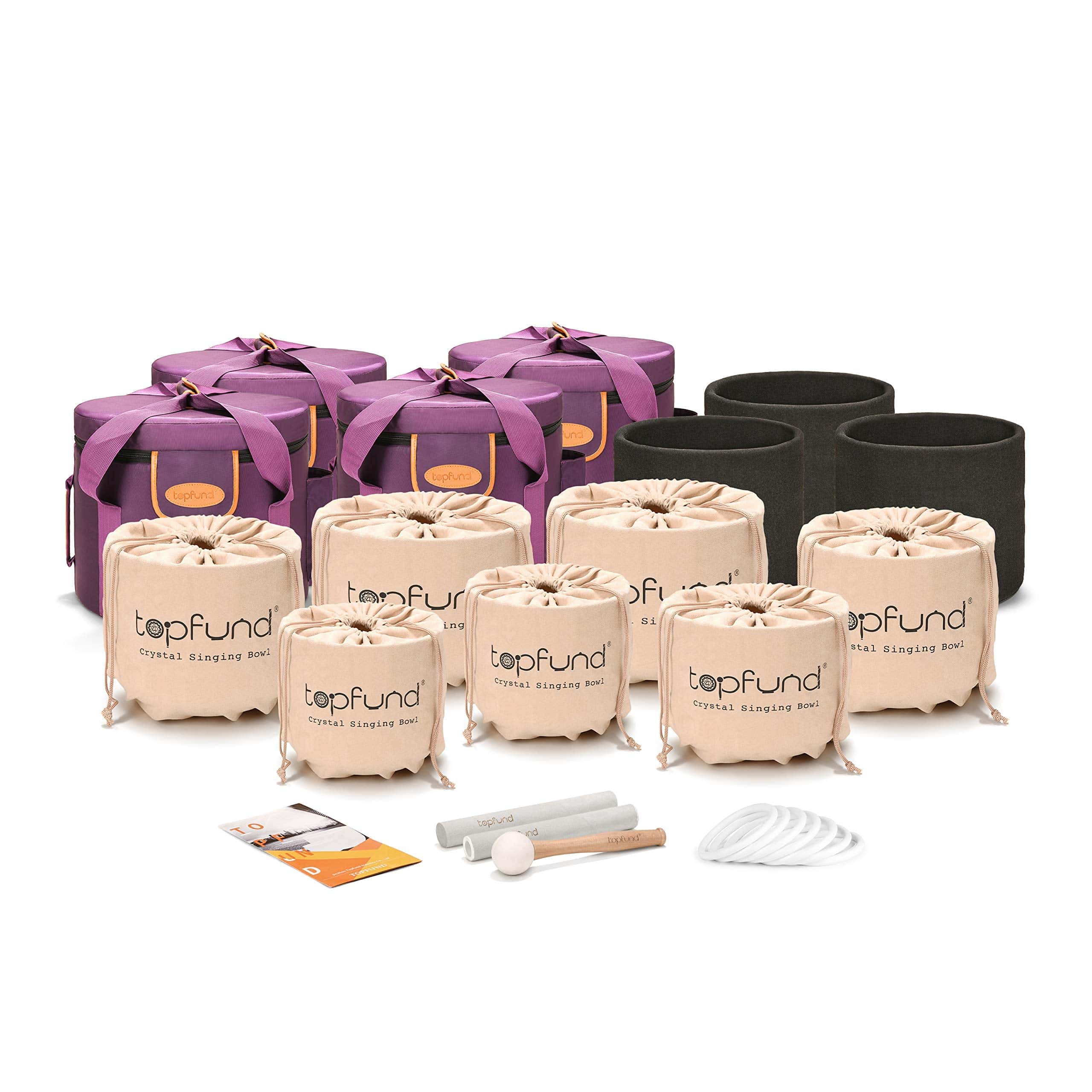 TOPFUND 7-10 inch Chakra Tuned Set of 7 Crystal Singing Bowls with Heavy Duty Carrying Cases - TOPFUND Crystal Singing Bowl
