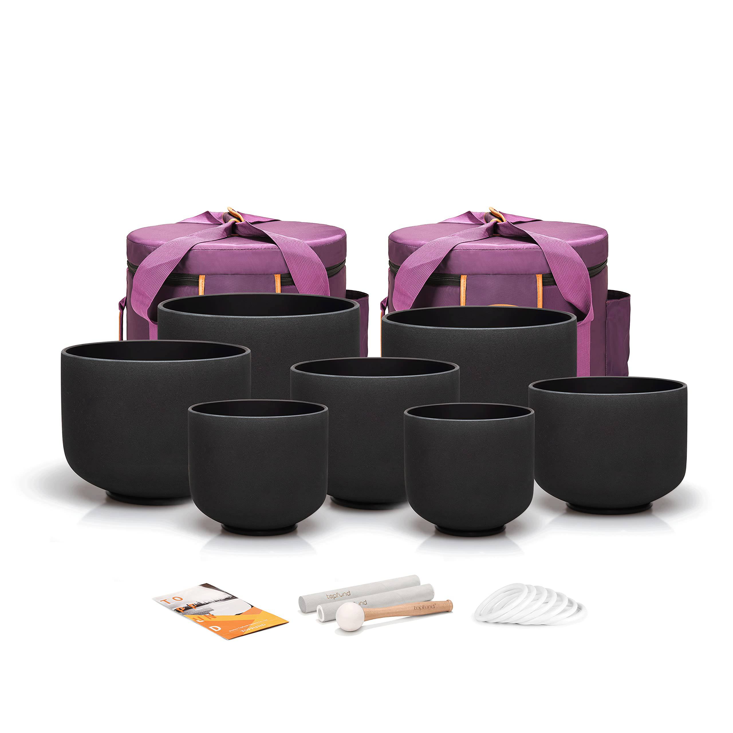 TOPFUND Chakra Set of 7 Black Crystal Singing Bowls with Heavy Duty Carrying Cases 7-12 inch Singing Bowl Rubber Mallet and Suede Strikers - TOPFUND Crystal Singing Bowl