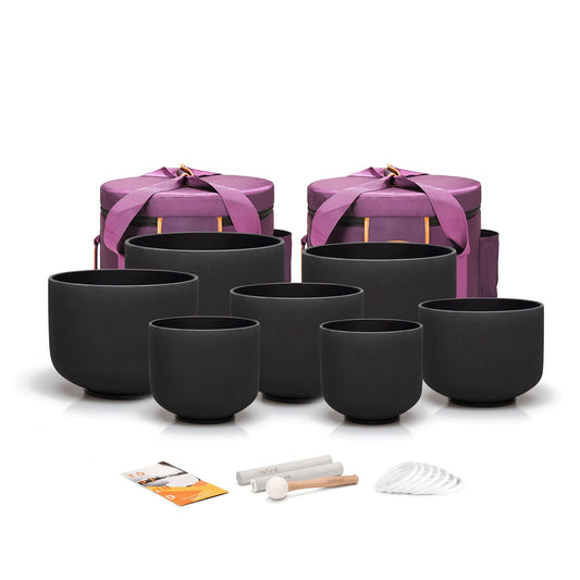TOPFUND Chakra Set of 7 Black Crystal Singing Bowls with Heavy Duty Carrying Cases 7-12 inch Singing Bowl Rubber Mallet and Suede Strikers - TOPFUND Crystal Singing Bowl