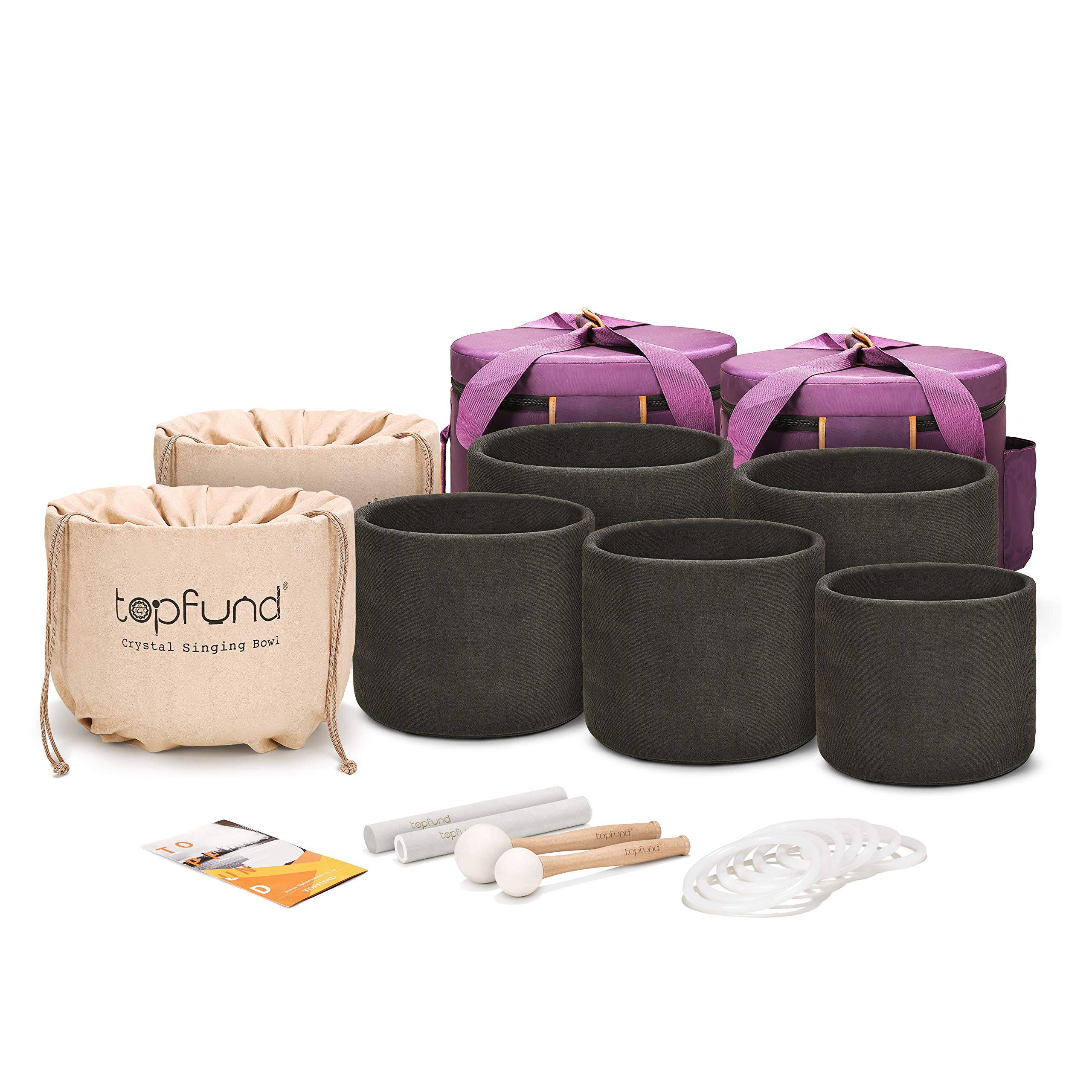 TOPFUND Chakra Set of 7 Black Crystal Singing Bowls with Heavy Duty Carrying Cases 7-12 inch Singing Bowl Rubber Mallet and Suede Strikers - TOPFUND Crystal Singing Bowl